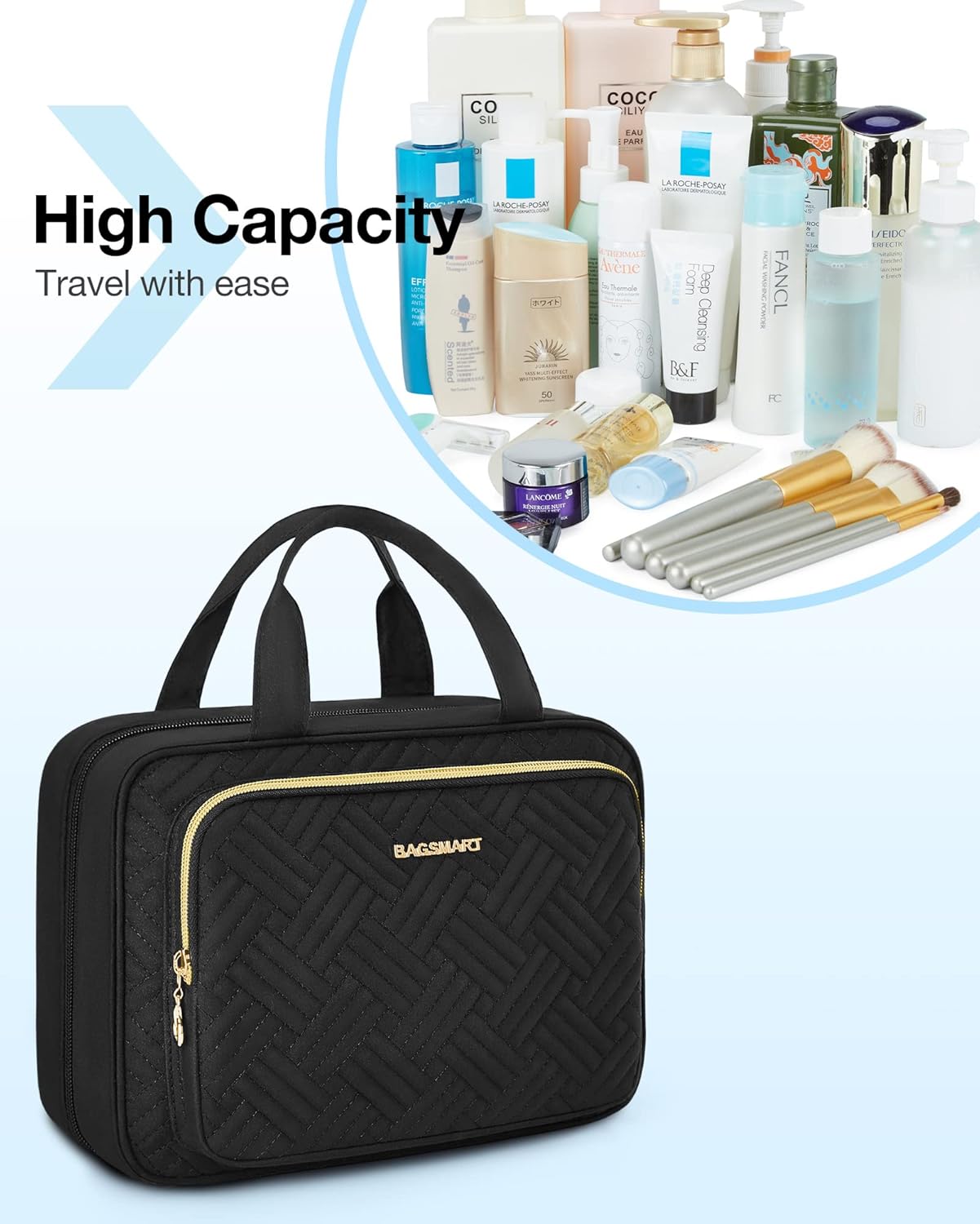 Baggit: Toiletry Bag Hanging Travel Makeup Organizer with TSA Approved Transparent Cosmetic Bag Makeup Bag for Full Sized Toiletries, Medium-Black