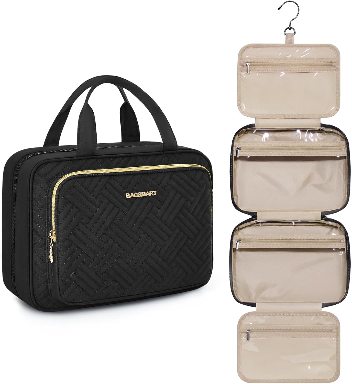 Baggit: Toiletry Bag Hanging Travel Makeup Organizer with TSA Approved Transparent Cosmetic Bag Makeup Bag for Full Sized Toiletries, Medium-Black