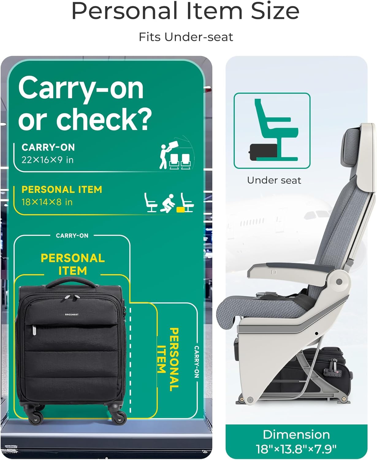 Baggit: Underseat Carry on Luggage with Wheels, Soft Underseat Travel Luggage with PVC Wet/Dry Pockets, Lightweight Soft Personal Item Suitcase for Short Trip,Came