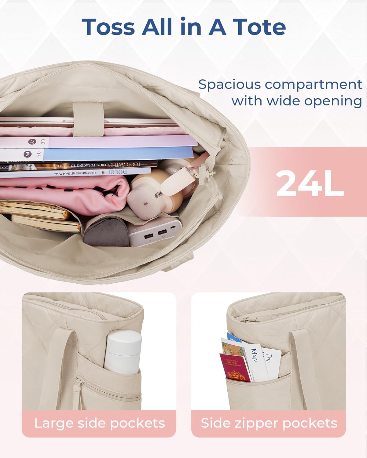Baggit: Tote Bag for Women, Puffer Work Tote with Zipper, Travel Essentials Quilted Nurse Travel Hospital Bag