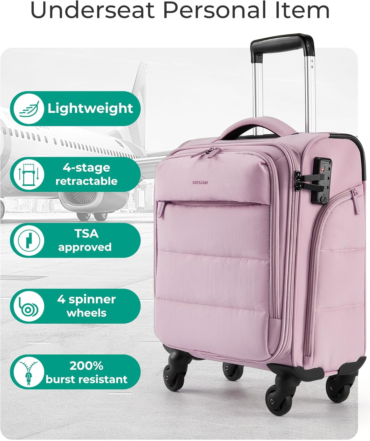 Baggit: Underseat Carry on Luggage with Wheels, Soft Underseat Travel Luggage with PVC Wet/Dry Pockets, Lightweight Soft Personal Item Suitcase for Short Trip,Came