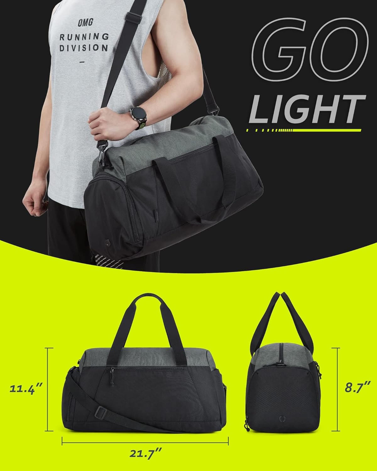 Baggit: Gym Bags for Men Women, Foldable Travel Duffle Bag, Lightweight Weekender Duffel Bag With Shoe Compartment, Water Resistant Workout Duffle Sports Bag for Travel Yoga, Black