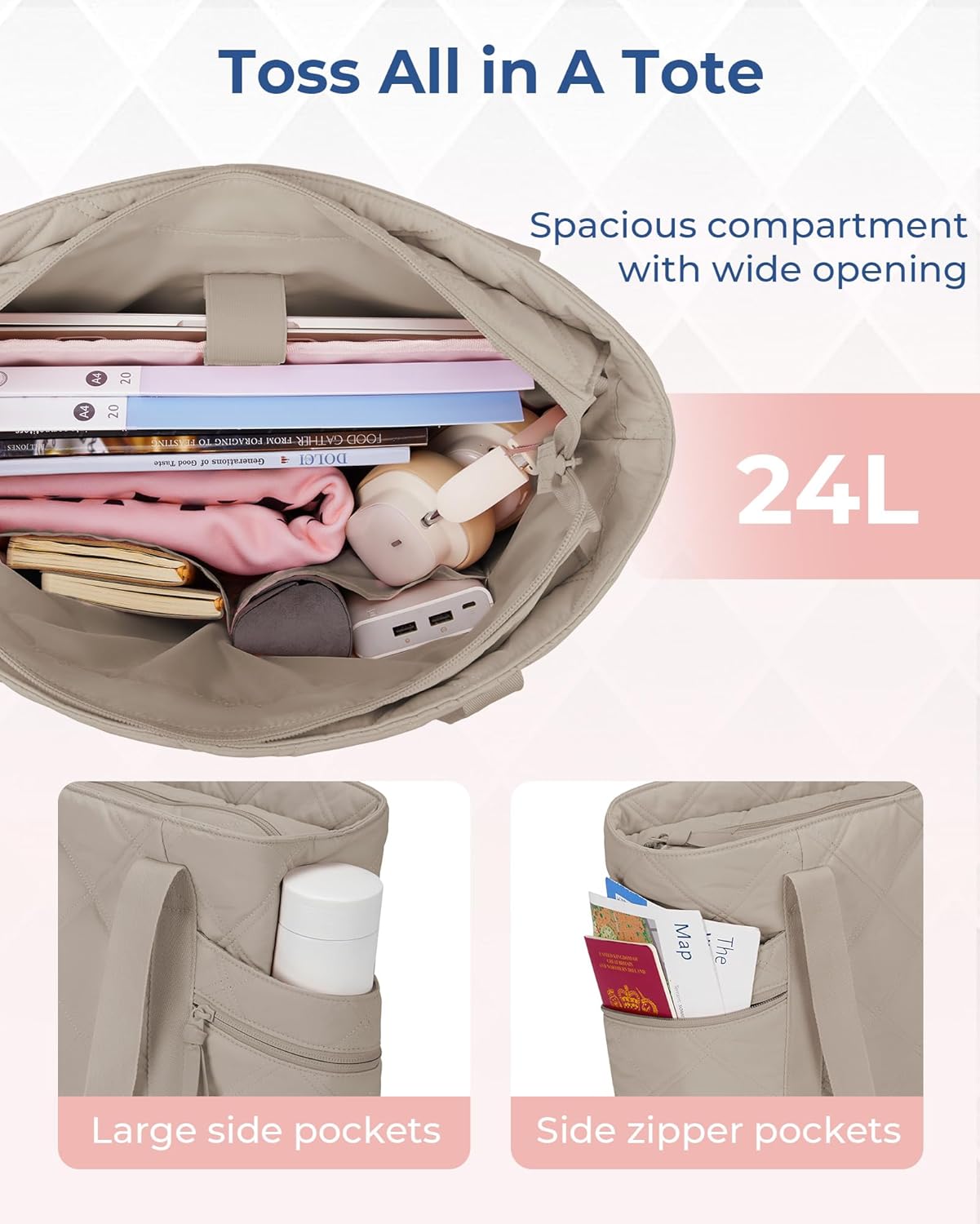 Baggit: Tote Bag for Women, Puffer Work Tote with Zipper, Travel Essentials Quilted Nurse Travel Hospital Bag