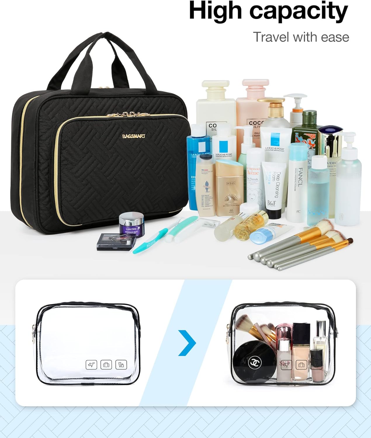 Baggit: Toiletry Bag Hanging Travel Makeup Organizer with TSA Approved Transparent Cosmetic Bag Makeup Bag for Full Sized Toiletries, Medium-Black