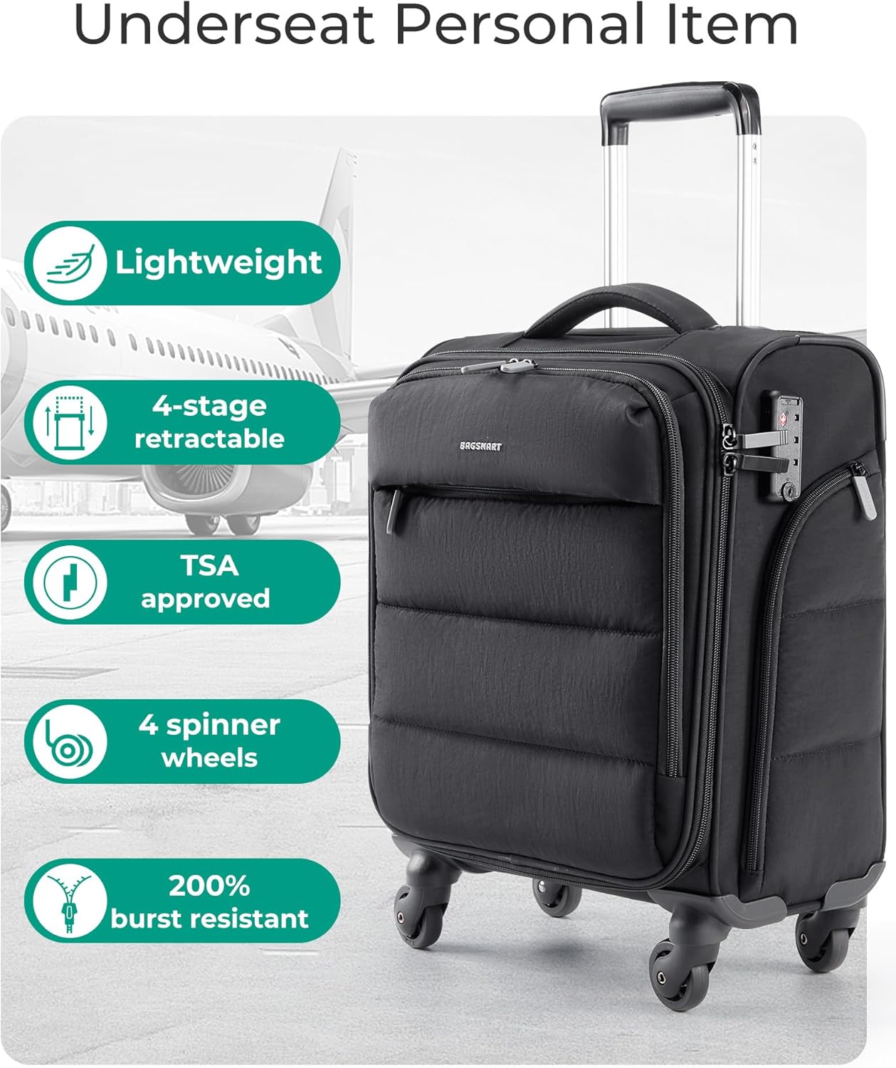 Baggit: Underseat Carry on Luggage with Wheels, Soft Underseat Travel Luggage with PVC Wet/Dry Pockets, Lightweight Soft Personal Item Suitcase for Short Trip,Came