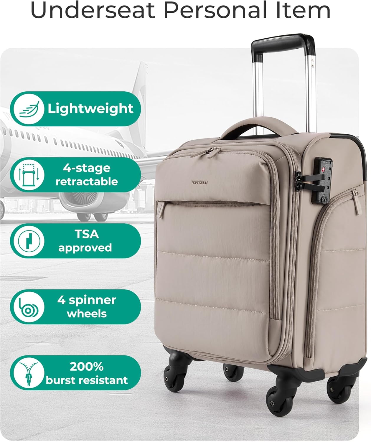 Baggit: Underseat Carry on Luggage with Wheels, Soft Underseat Travel Luggage with PVC Wet/Dry Pockets, Lightweight Soft Personal Item Suitcase for Short Trip,Came