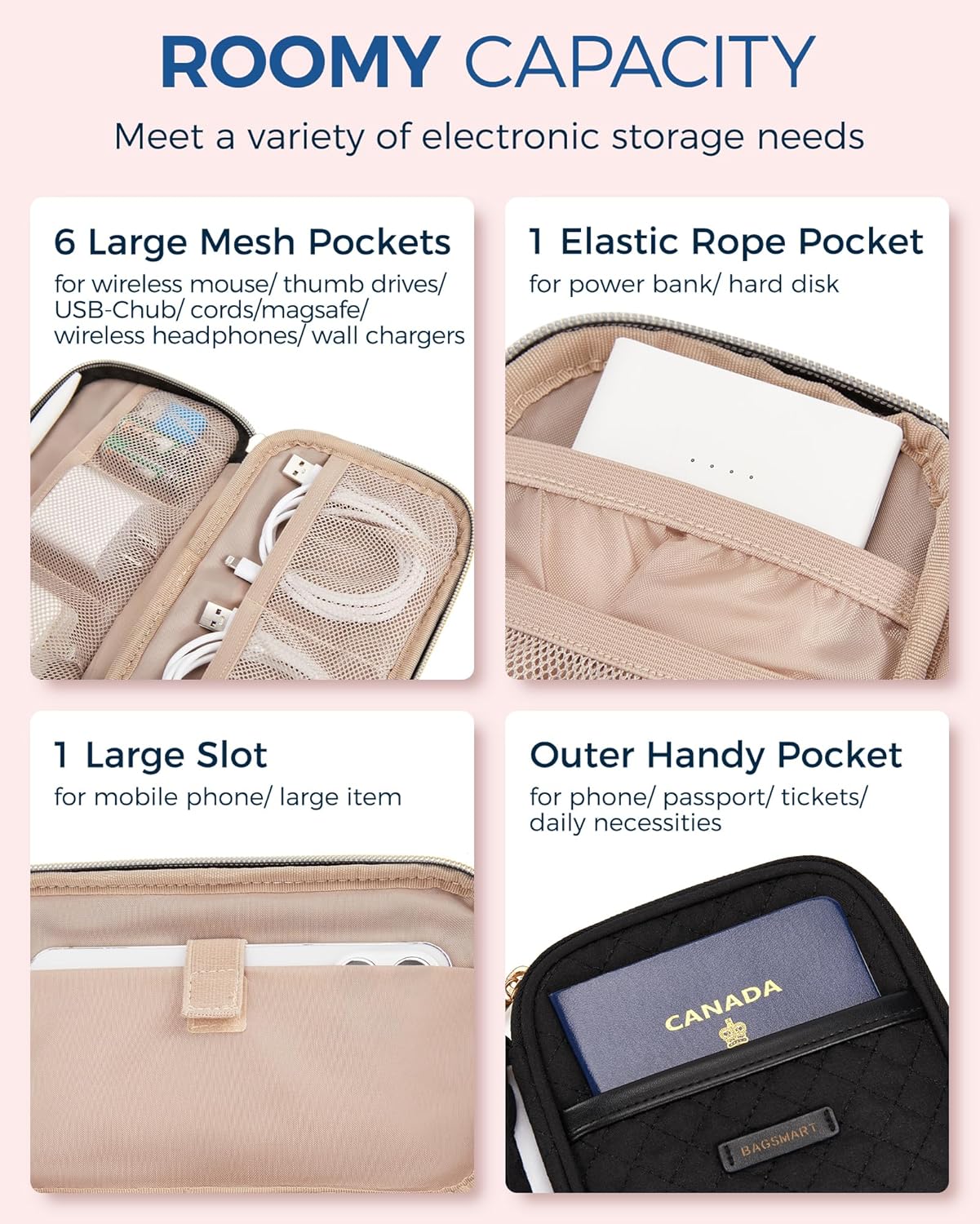 Baggit:  Cord Organizer Travel Cable Organizer Bag Tech Electronic Organizer Travel Case, Travel Essentials for Charger, Cable, Phone, Flash drive, Double Layer-Black