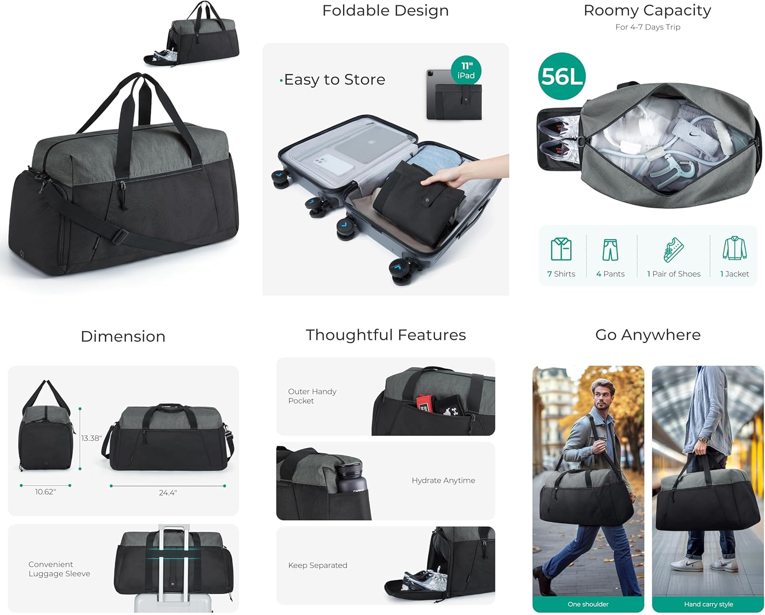 Baggit: Gym Bags for Men Women, Foldable Travel Duffle Bag, Lightweight Weekender Duffel Bag With Shoe Compartment, Water Resistant Workout Duffle Sports Bag for Travel Yoga, Black