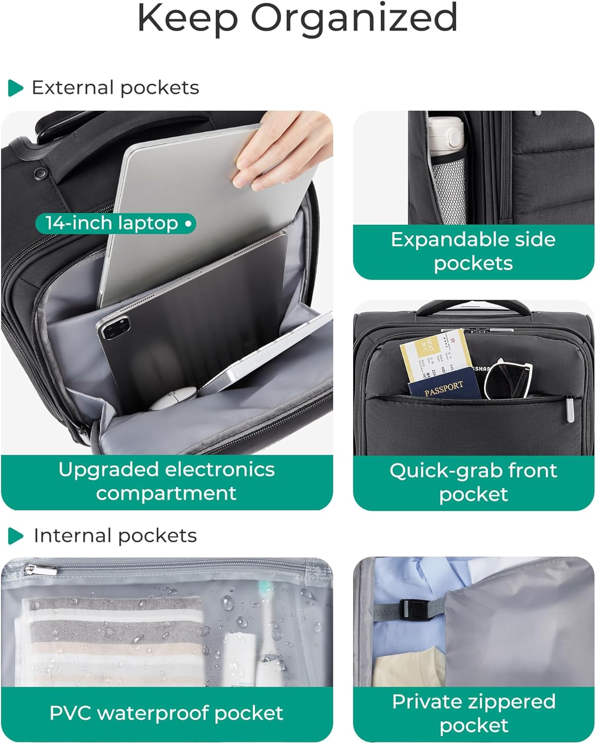 Baggit: Underseat Carry on Luggage with Wheels, Soft Underseat Travel Luggage with PVC Wet/Dry Pockets, Lightweight Soft Personal Item Suitcase for Short Trip,Came